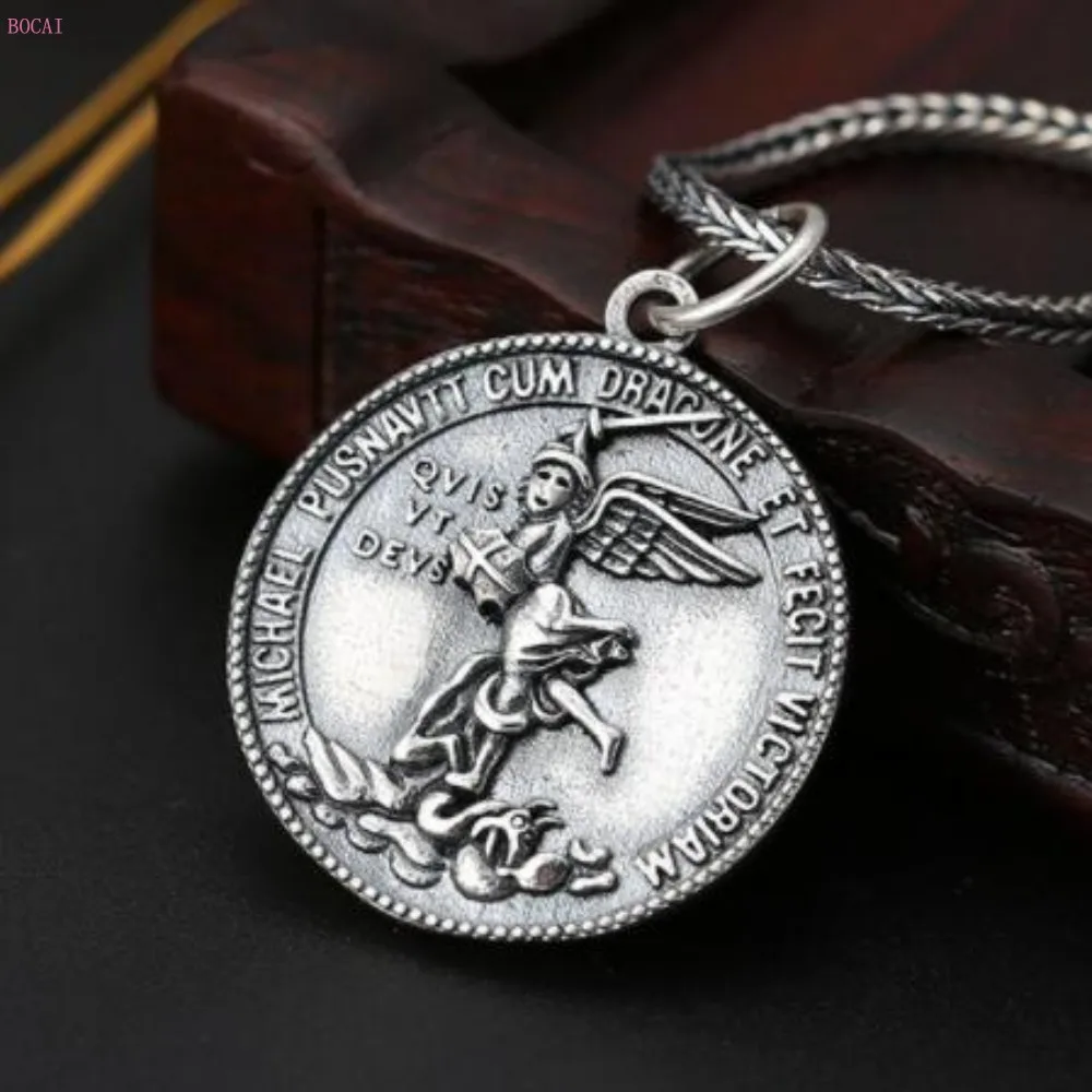 S925 чистое серебро, Модный кулон для мужчин и женщин, тайское серебро, св. Майкл, Архангел Сан-Майкл, ангел-хранитель, круглая карта