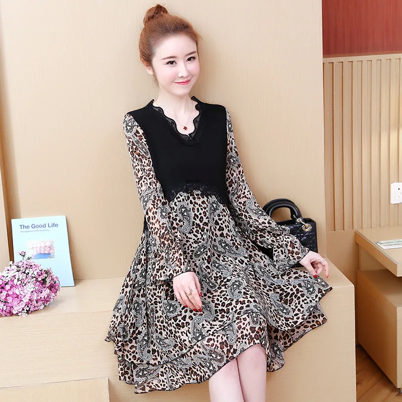

Large Size Dress 2019 Spring Large GIRL'S Loose Version Chiffon Long-sleeved Dress