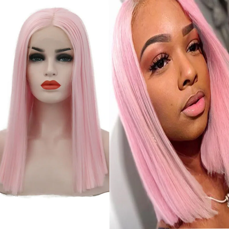 

AIMEYA Pink Short Bob Hair Wigs Middle Part Women Synthetic Straight Bob Lace Front Wigs Heat Resistant Fiber Natural Hairline