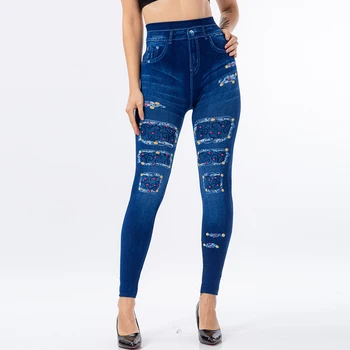 

Fashion Slim Women Leggings Faux Denim Jeans Leggings Sexy Long Pocket Printing Summer Leggings Casual Pencil Pants