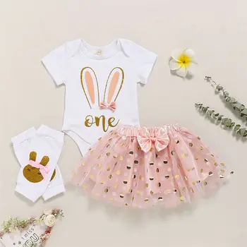 

2020 Newborn Toddler Baby Girls Easter Clothes Short Sleeve Rabbit Romper Tutu Lace Skirt Socks Outfit Clothes Set 0-18M