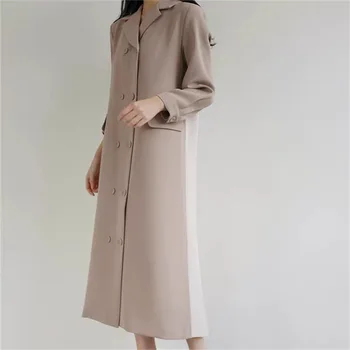 

WOMENGAGA 2020 Spring New Dress Long-sleeve Turn-down Collar Pleated Patchwork Double Breasted Loose Large Size Streetwear A374