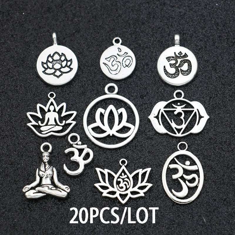 Colgante de Yoga Chapado en plata antigua, 20 Uds., fabricación de joyería, collar, pendientes, pulsera, accesorios DIY, mezcla artesanal