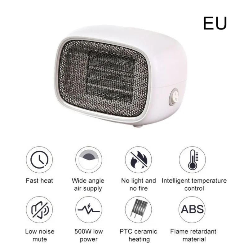 500W Mini Electric Space Heaters Desktop Winter Warmer Fan With PTC Heating Element Over-Heat Protection For Room Office Floor
