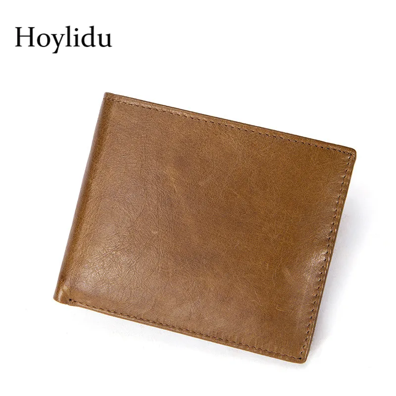

Hoylidu Cow Genuine Leather Men Short Wallet Vintage Large Capacity Muti-card Bifold Male Design Brown Purses With Coin Pocket