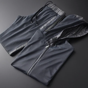 

New Hooded Jacket Men Sets (jackets+pants) Luxury Ventilate Mesh Casual Sport Man Sets Plus Size 4xl Spring Slim Thin Man Set
