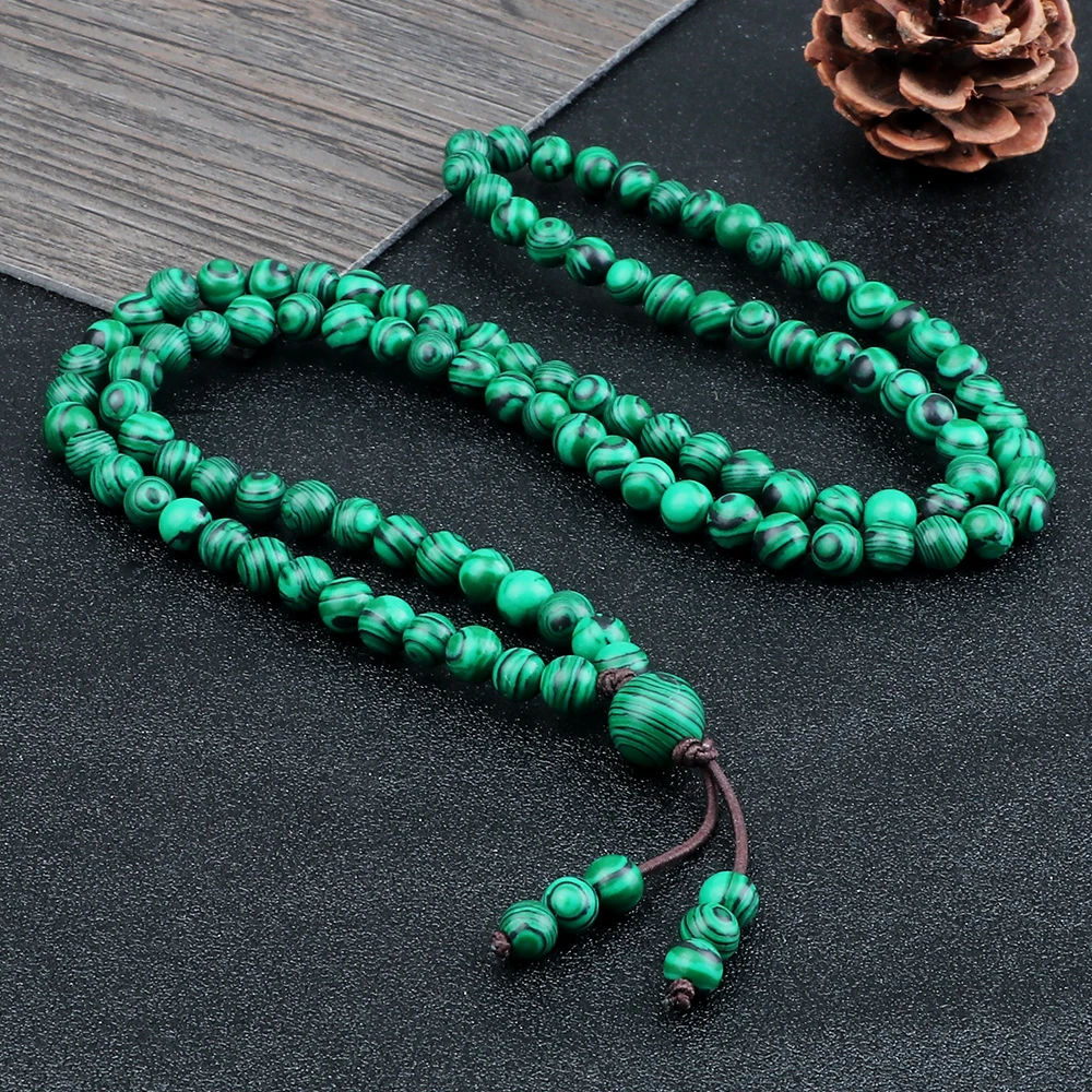 Natural Stone Bracelet Malachite Stone Tasbih Musulman Rosary Prayer 108 Beads Elastic Budda Necklace Charm Wrist Bangles Jewelry Gift