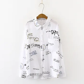 

Women High Quality Cotton Blouse Shirts Long Sleeve Letters Print Autumn Casual Loose Tops Blouses Shirt