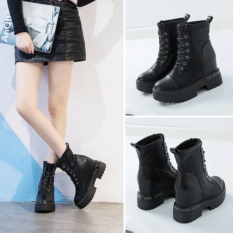 

2019 Autumn And Winter plus Velvet Elevator Martin Boots Women's Leather Stitching Casual Lace-up WOMEN'S Boots Students Shoe