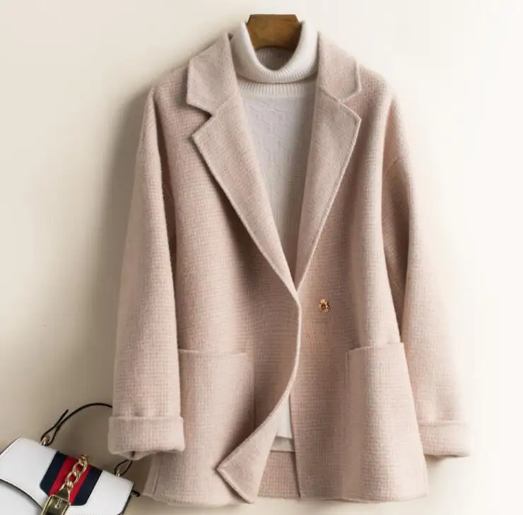 Новое двустороннее кашемировое пальто осень зима Женская куртка короткая клетчатая шерстяное пальто Корейская свободная шерстяная куртка женская
