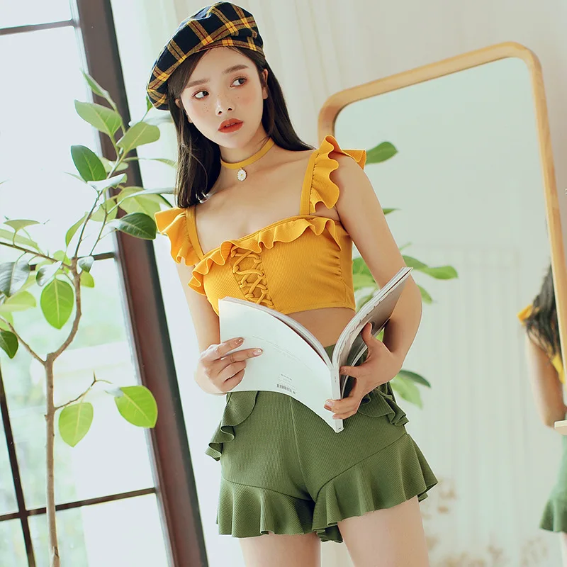 

New Style Bikini Two-piece Swimsuits Three-piece Set INS-Style Solid Color Literature And Art Fresh Conservative Culottes Hot Sp