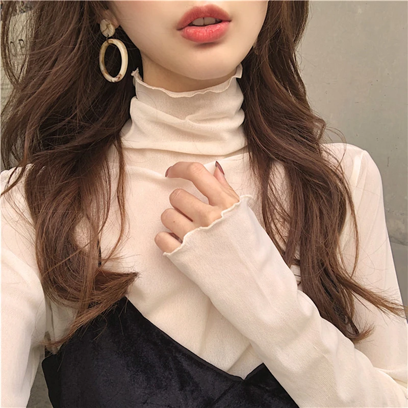 Sexy Solid Color Fungus High Neck Lace See Through Women Tshirt Retro Temperament Mesh Women's T-shirt Office Lady Splice TShirt | Женская
