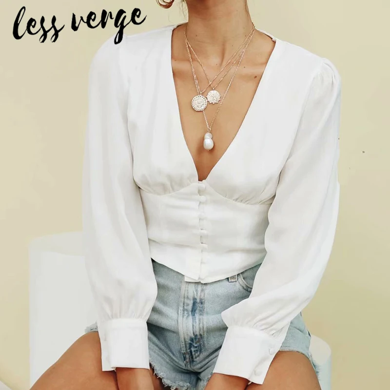 

Lessverge Vintage autumn white blouse shirt Women elegant lantern sleeve chemise Casual streetwear cotton female blouse sexy top