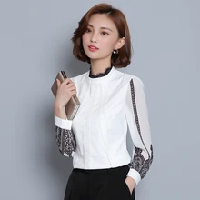 Korean Chiffon Women Shirts Woman Lace Blouse OL White Shirt Plus Size Woman Long Sleeve Print Blouses Blusas Femininas Elegante