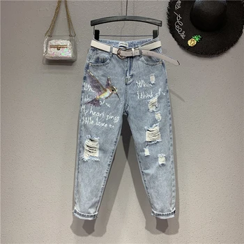 

European Trend Holes Jeans Women 2020 Spring Summer New High Waisted Capri Harem Pants Girls Lady's Denim Jean Jeans Pants