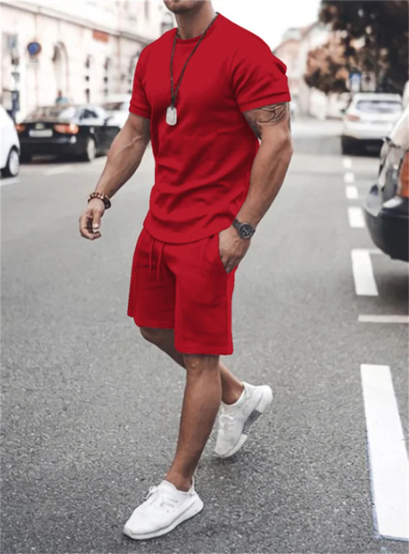 Ta&To Men Tracksuit 2 Piece Set Summer Solid Sport Hawaiian Suit Short Sleeve T Shirt and Shorts