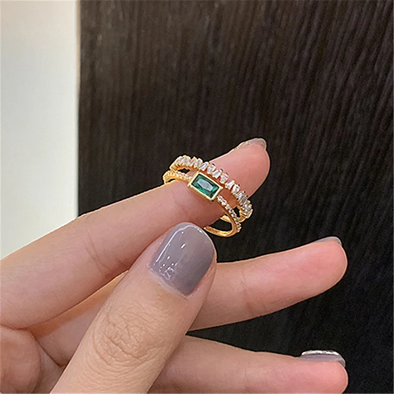 خاتم طبقة مزدوجة موضة كوريا بسيطة حلقة مفتوحة أنيقة بكرستال اخضرالسيدات مجوهرات