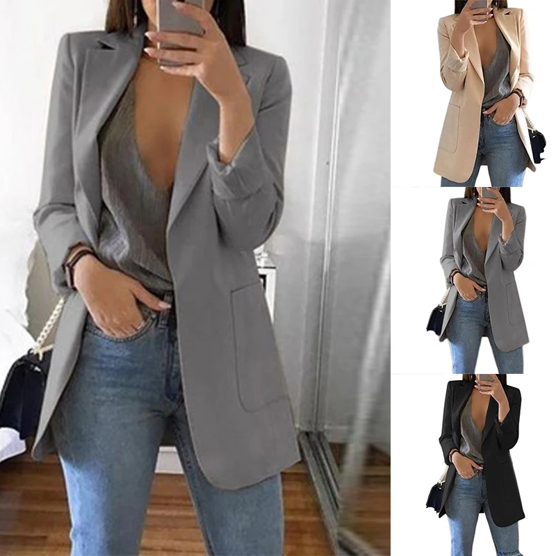 Autumn Spring Women's Casual Mid Coat Lapel Slim Cardigan Suit Jackets Elegant Office Ladies Outdoor Work Wear