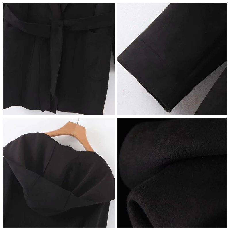 ROHOPO V Lapel collar Waistband Suede Solid Trench Coat Black Pink Side Split Hem Welted Pockets Fake Leather Overcoat#9292