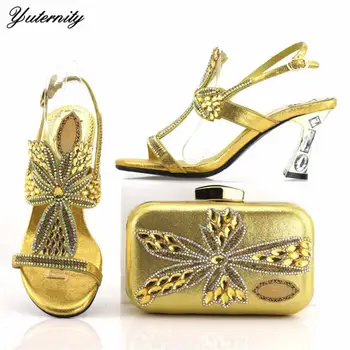 

2019 Latest Gold Color Italian Shoes With Matching Bags Set Decorated With Rhinestone African Women Shoes And Match TX-438