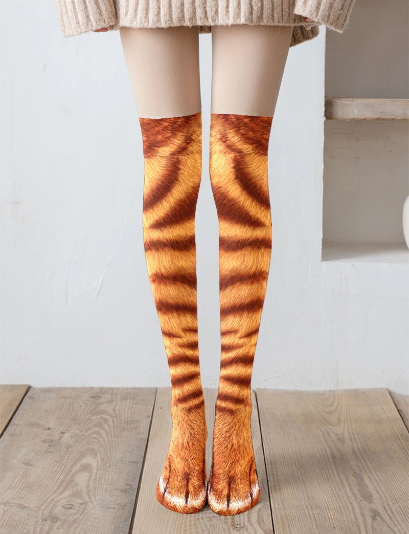 New Creative Animal Foot Printed Women Over the Knee Socks Cartoon Cat Tiger Claw Ladies 3D Print Funny Animal High Socks