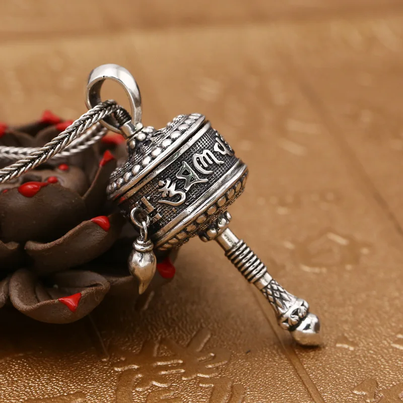 

China Style New Personality prayer wheel Metal Silver Religious Long Chain Cool Simple Necklace For Women men Jewelry Gifts