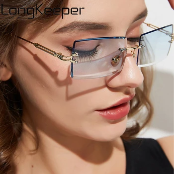 

LongKeeper Small Rectangle Sunglasses Women Men Trendy Rimless Square Sun Glasses Vintage Female UV400 Shades oculos feminino