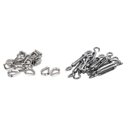 20 pçs de aço inoxidável 2mm fio corda cabo dedais tom prata & 10 pçs m4 4mm fio ajustável olho gancho turnbuckle