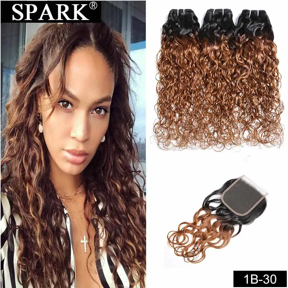 1B 30 Spark Hair Ombre бразильские волнистые пряди с закрытием человеческие волосы с закрытием Remy человеческие волосы для наращивания средний коэффициент - Цвет: 1B 30