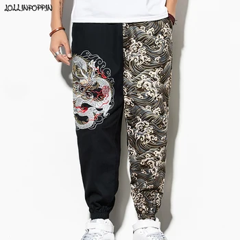 

Japan Style Men Dragon Embroidery Patchwork Cargo Pants Drawstring Elastic Waist Ankle Length Ukiyoe Print Casual Jogger Pants