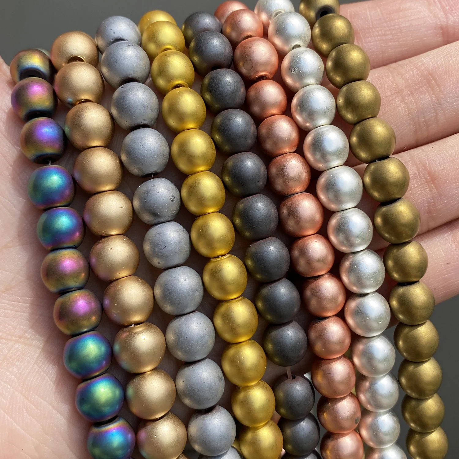 Frosted Matte Hematite Stone Beads Rose Gold Silver Color Natural Round