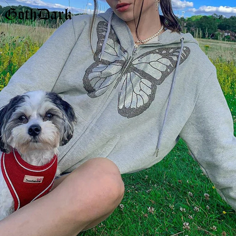 

Gorh Dark Hot Butterfly Printed Gothic Hoodies Zipper Front With Pocket Oversize Autumn Hoody For Women Grey Streetwear Coat