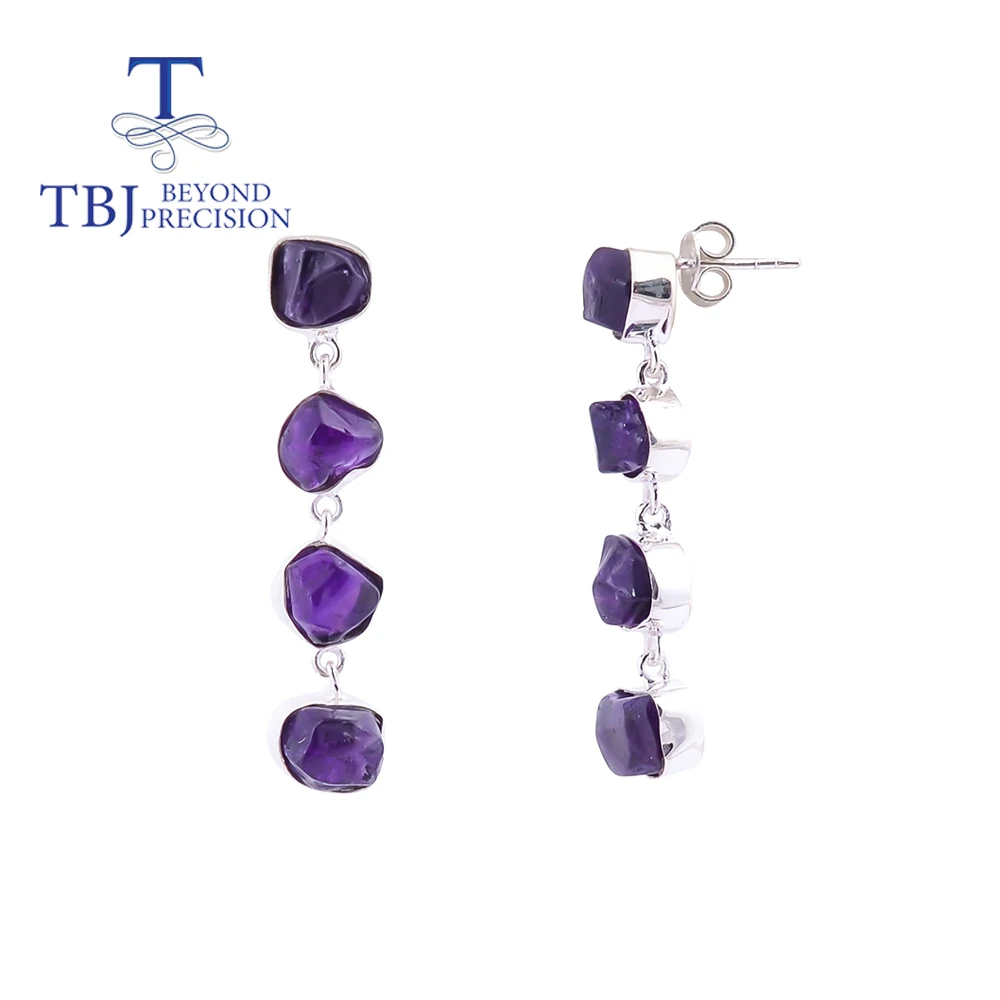 

TBJ,925 Sterling Silver Handmade Natural Amethyst Rough gemstone Long Earrings Women Fine Jewelry Anniversary party gift