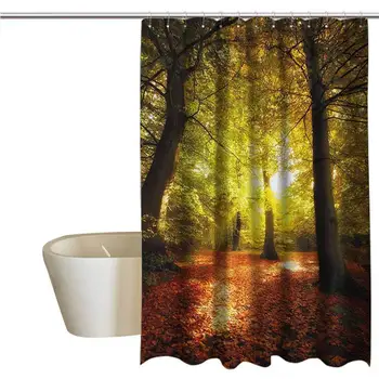 

Fall Shower Window Curtain Waterproof Blurry Hazy View of Forest Defoliation Mysterious Dramatic Dreamlike View Bathroom Shower