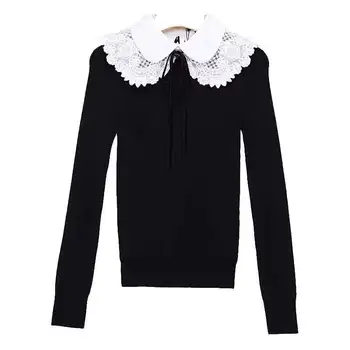 

Women's Knitted Sweater Lace Patchwork Bow-knot Long Sleeve Lady Knitwear Sweet Style Pullover Tops Autumn Winter