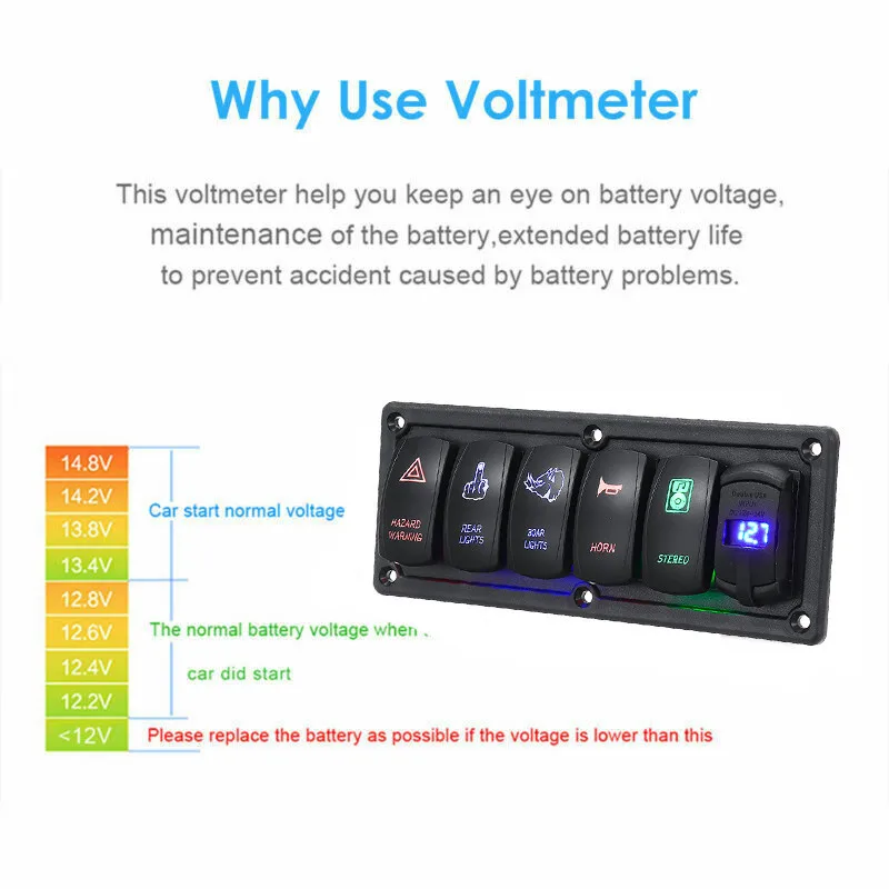 6 комплектов, светодиодный, кулисный переключатель, панель, водонепроницаемый, Морская Лодка, 12 В, 24 В, для грузовика, лодки, автомобиля, переключатель, панель, зажигалка, розетка, автоматический выключатель