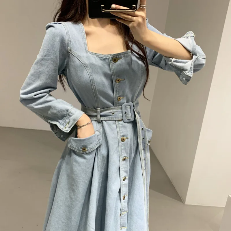 

iMucci 2020 Spring New Square Collar Blue Denim Dress Single-Breasted Strap With Sashes Pocket Design A-line Elegant DressTM1639