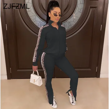 

Women Two Piece Outfit Fall Winter Festival Clothing Front Zipper Long Sleeve Coat+ Side Leopard Print Pant Plus Size 2 Pcs Set