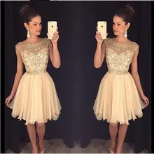 Золотые платья для выпускного вечера, трапециевидные Короткие мини-платья из органзы, украшенные бисером, кристаллы коктейльные платья