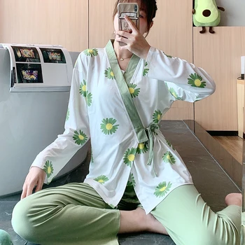 

Ladies' kimono cotton pajamas autumn Sets For Women trousers suit Sleepwear Two Piece Set Home Wear Femme Underwear Pijamas