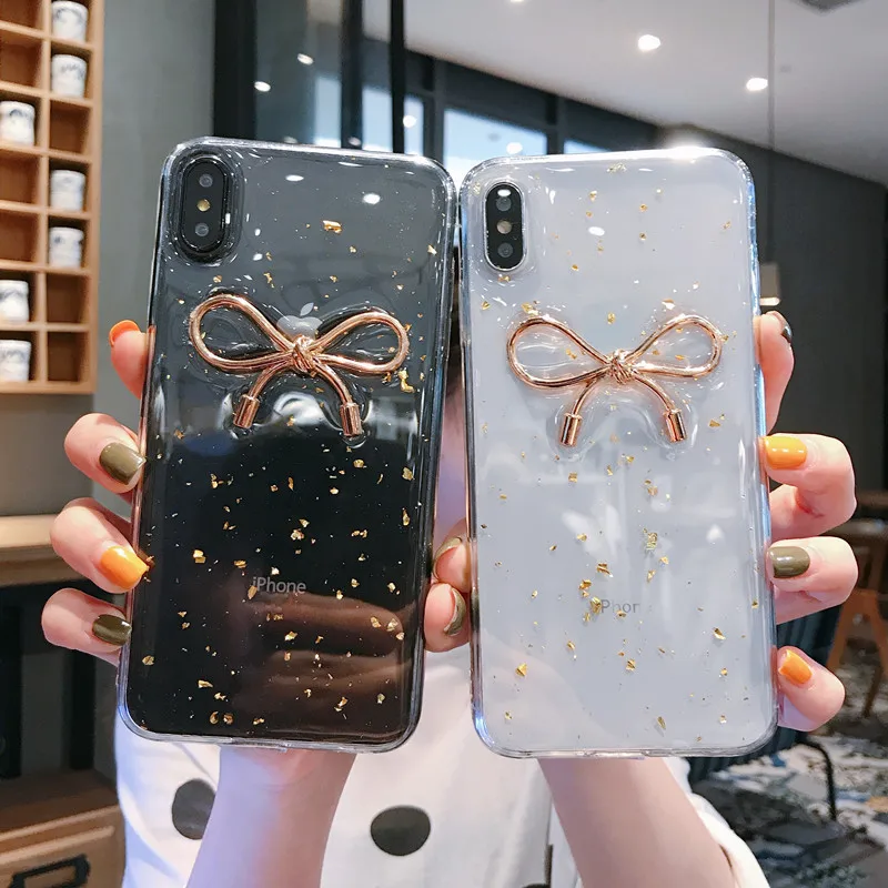 

epoxy dripping gold foil butterfly bowknot transparent clear mobile phone case cover for iphone 7 8 plus x xr xs max