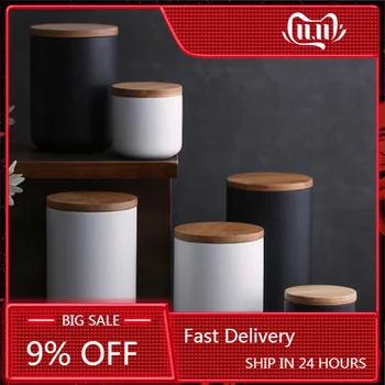 

S/M/L Ceramic Wood Lid Storage Tank Kitchen Food Coffee Tea Pot Seasoning Sealed Storage Bottle Desktop Decoration Decoration