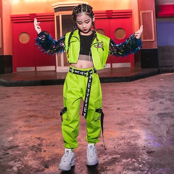 

Hip Hop Dance Costumes Fluorescent Green Tassel Coat Girls Jazz Clothing Children Street Dancing Stage Performance Wear 120-170