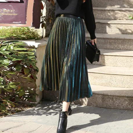 Женская осенне-зимняя блестящая полосатая плиссированная юбка миди, Женская винтажная юбка с высокой талией и блестками AQ872