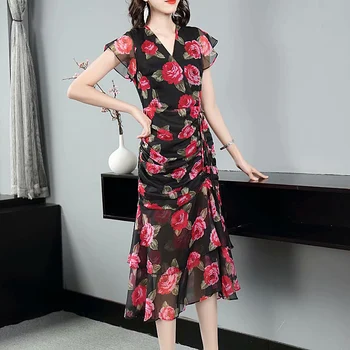 

High Quality 2020 Summer New Women'S Fashion Party Casual Sexy Vintage Elegant Chic Rose Flower Print Slim Chiffon Midi Dress