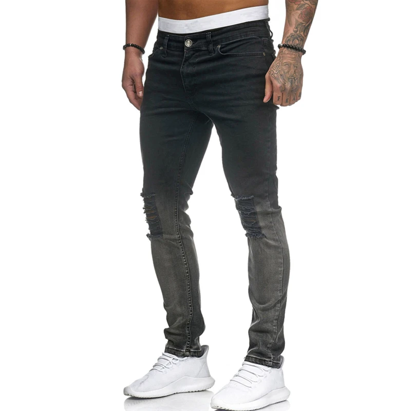 Новые мужские эластичные рваные обтягивающие джинсы с потертостями и дырками облегающие брюки для байкеров мужские привлекательный тонкий карандаш джинсы Уличная