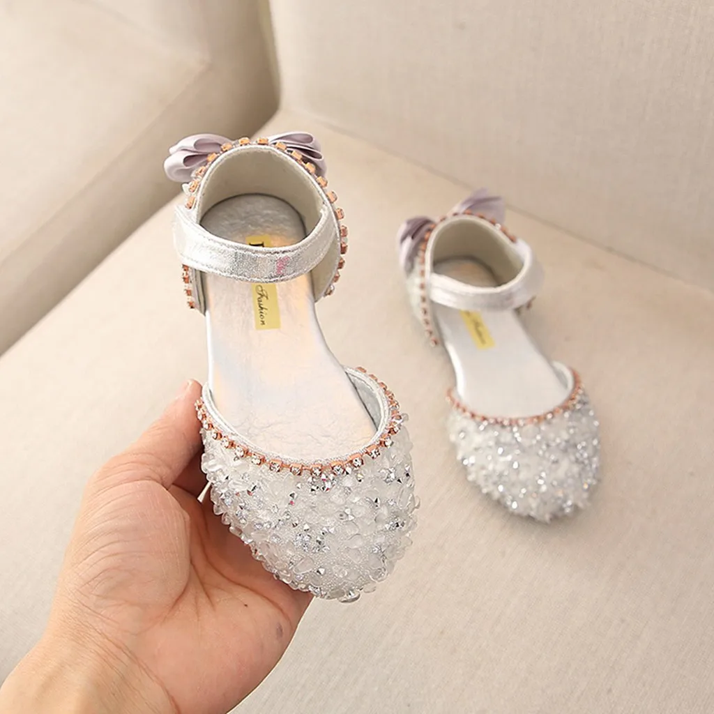 Детские сандали для девочек детское летнее платье для младенцев, для детей размер на Одежда для детей; малышей; девочек, с бантом, с украшением в виде кристаллов принцессы сандалии повседневная обувь для девочек - Цвет: Silver