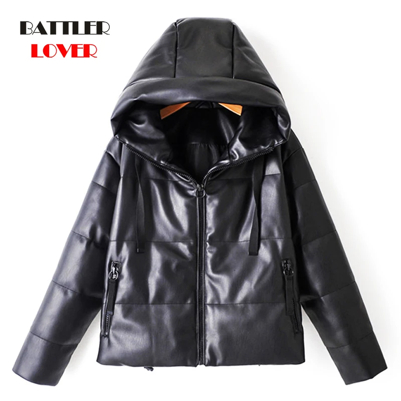 Luxury Designer Zipper Short Parkas Women Fashion Pockets PU Leather Coats for Female Elegant Winter Hooded Cotton Punk Jackets