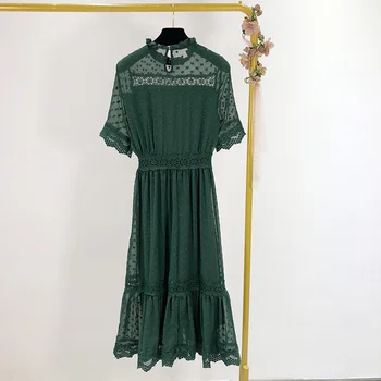

French Style Beach Women Dress Vintage Lace Stitching Vacation Long Dress Solid Green Office Ladies Elegant Fashion Robe Femme