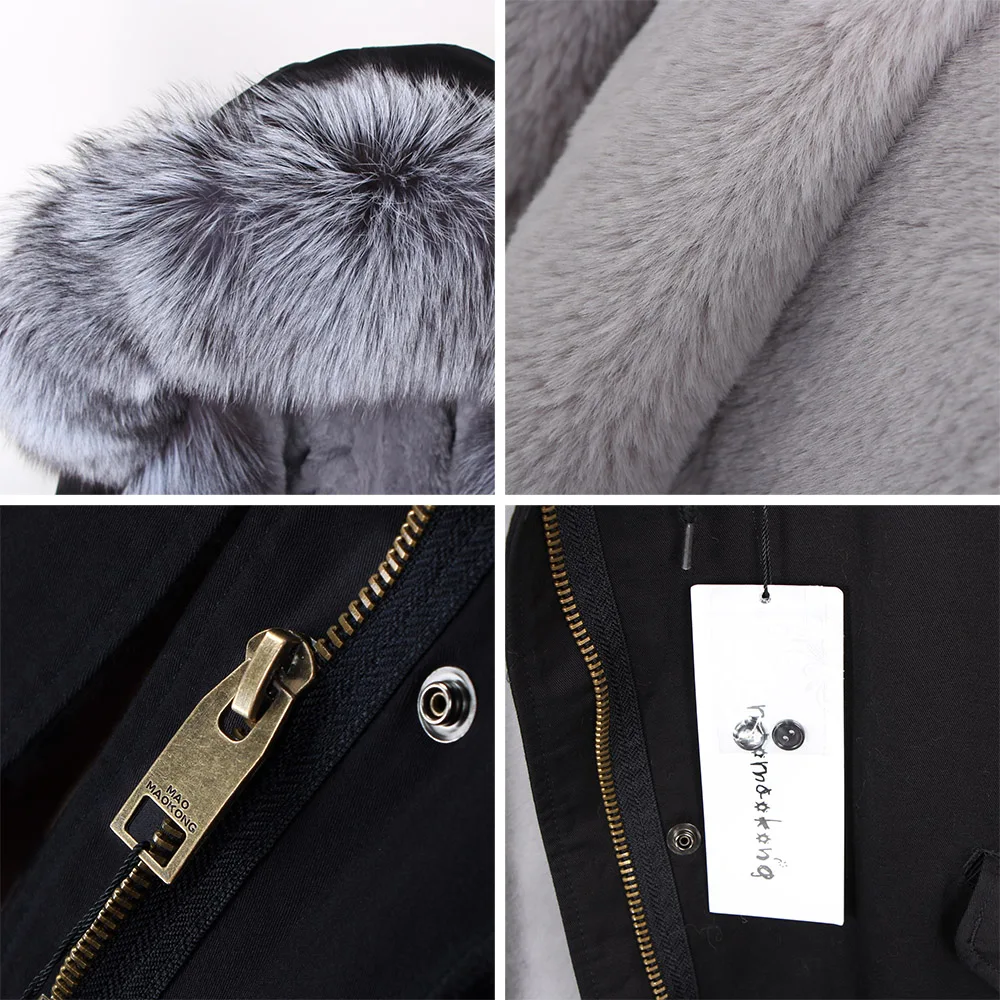 MAOMAOKONG 2024 Winter Women Coat Natural Fox Fur Collar Cuff Black Jackets Outwear Thick Luxury Real Fur Parka Women's Fur Coat images - 6